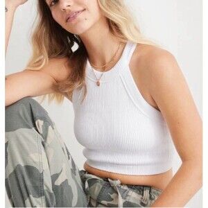 Aerie Women's White Ribbed Crop Top Tank Size XXL High Neck Lounge Bralette